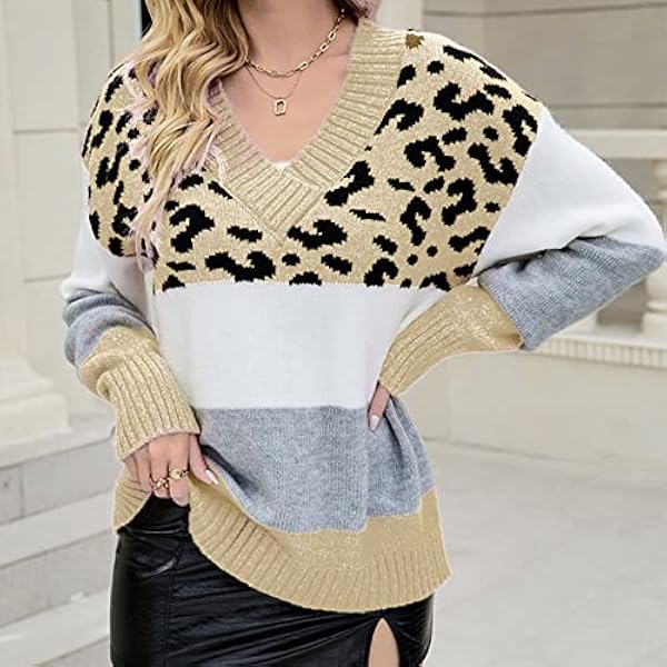 OIUHJN Tröjor damtröjor för kvinnor het kvinnor färgblock v-ringad långärmad tröja leopard stickad tröja damer sexig